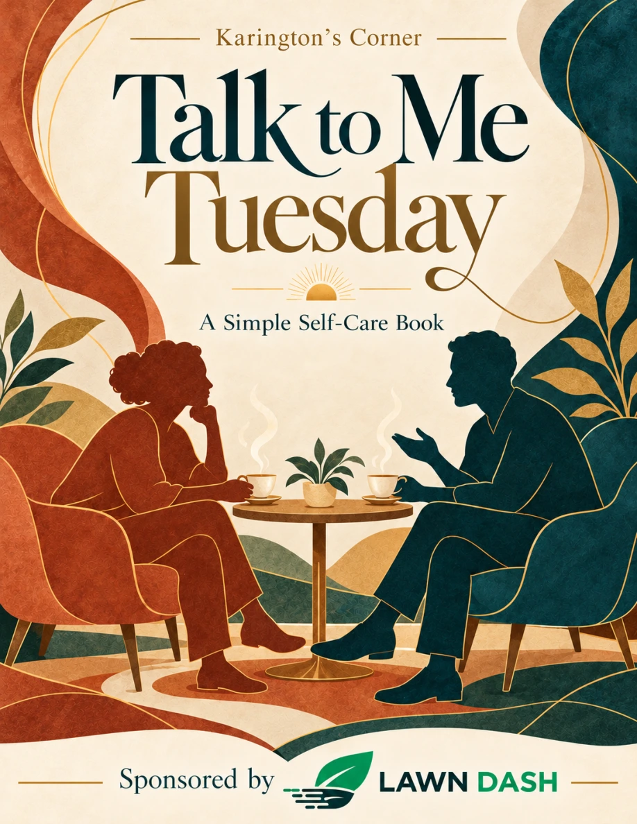 Talk to Me Tuesday cover: two silhouettes facing each other over steaming tea, sponsored by LawnDash
